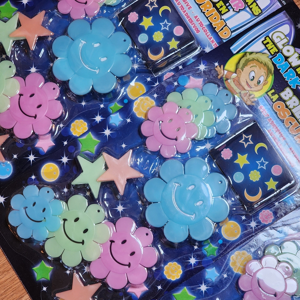 Glow-in-the-Dark Stick On Wall Stars Flowers - Multicolor